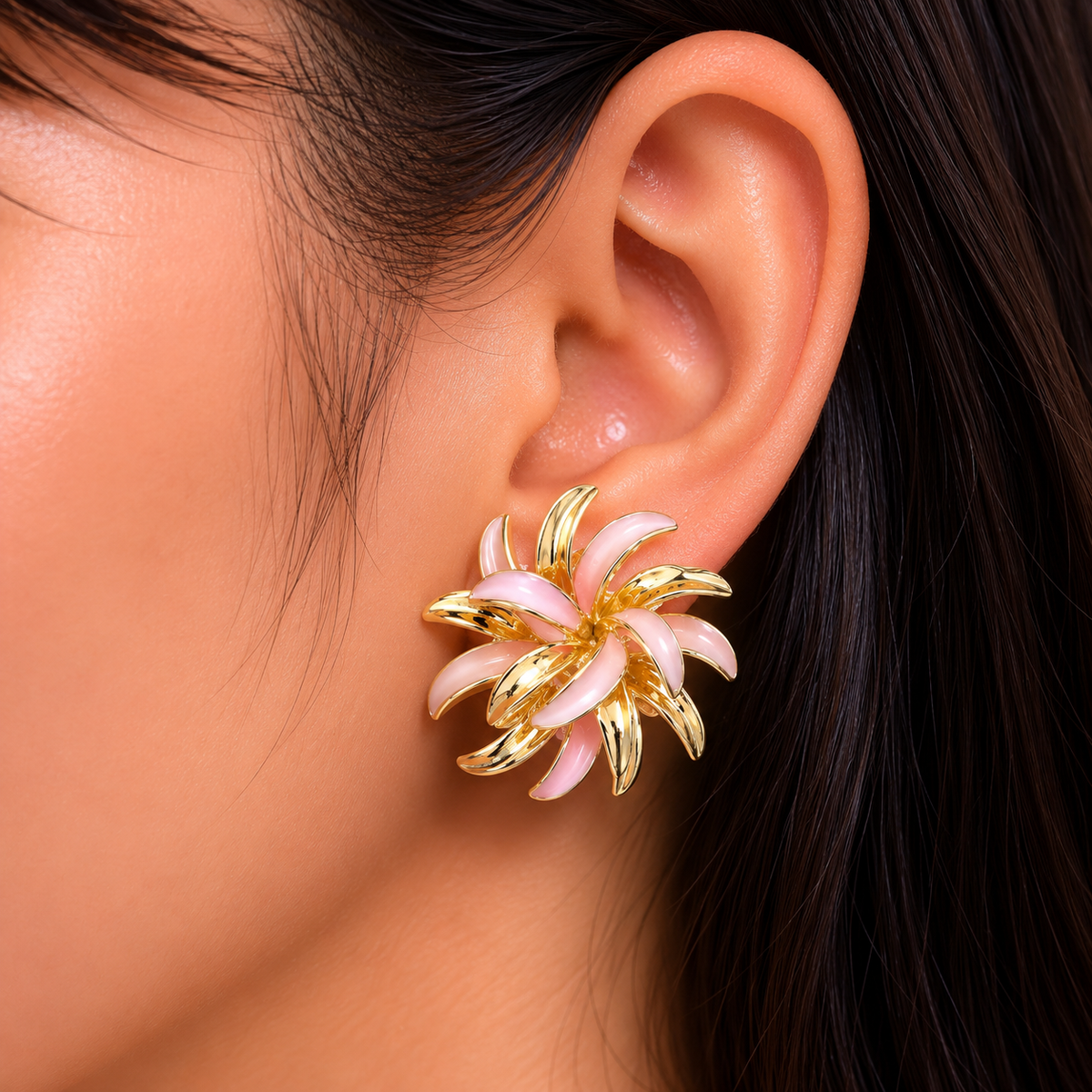 Elegant Pink Floral Enamel Stud Earrings for Women | Gold Tone Statement Flower Earrings | Vintage Party Wear Jewellery