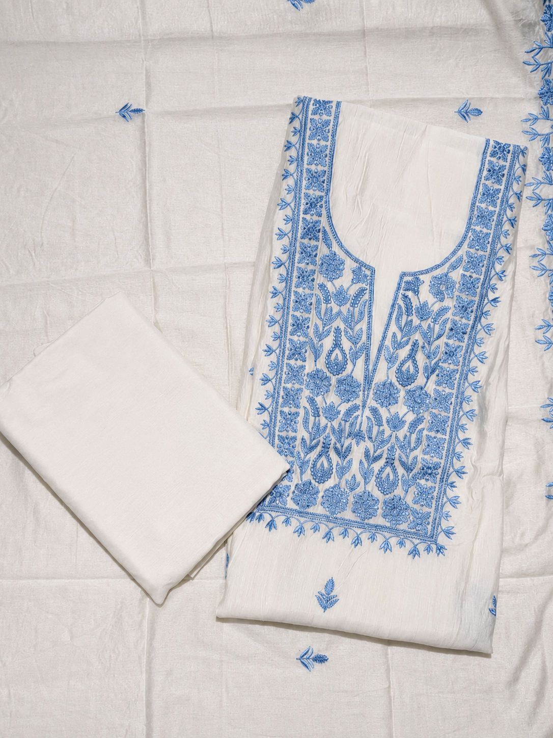 Ivory White Blue Embroidered Unstitched Salwar Suit with Elegant Dupatta