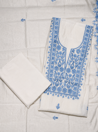 Ivory White Blue Embroidered Unstitched Salwar Suit with Elegant Dupatta