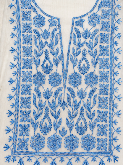 Ivory White Blue Embroidered Unstitched Salwar Suit with Elegant Dupatta