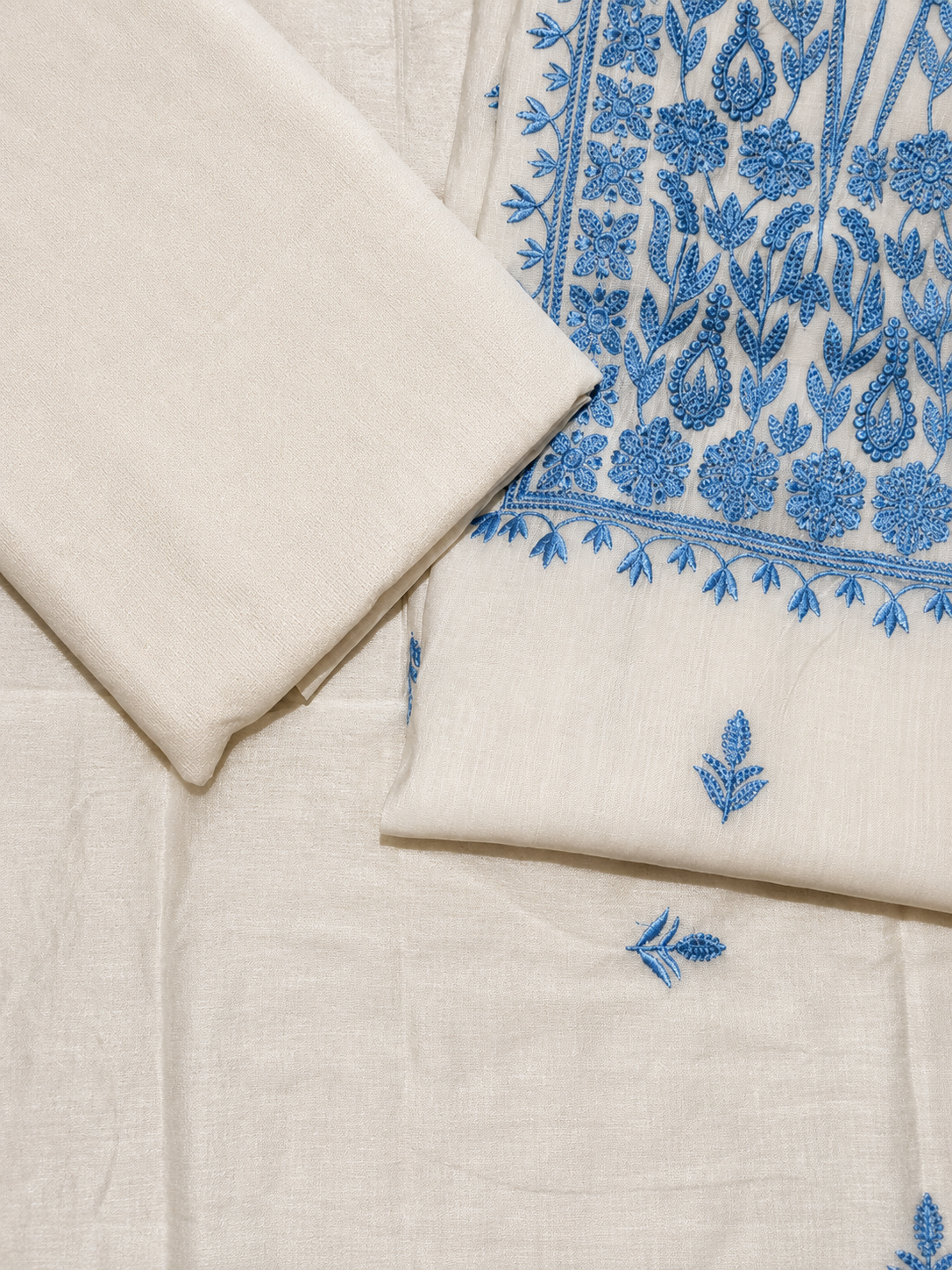 Ivory White Blue Embroidered Unstitched Salwar Suit with Elegant Dupatta