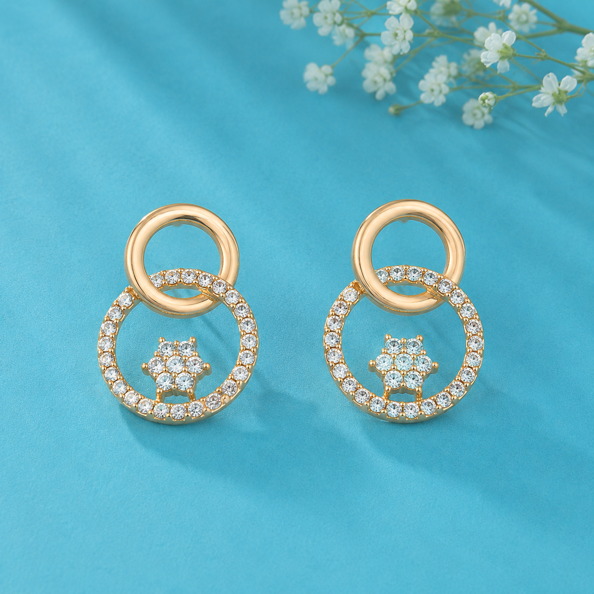 Elegant CZ Double Circle Drop Earrings for Women | Gold Tone Crystal Hoop Earrings | Party & Wedding Jewellery