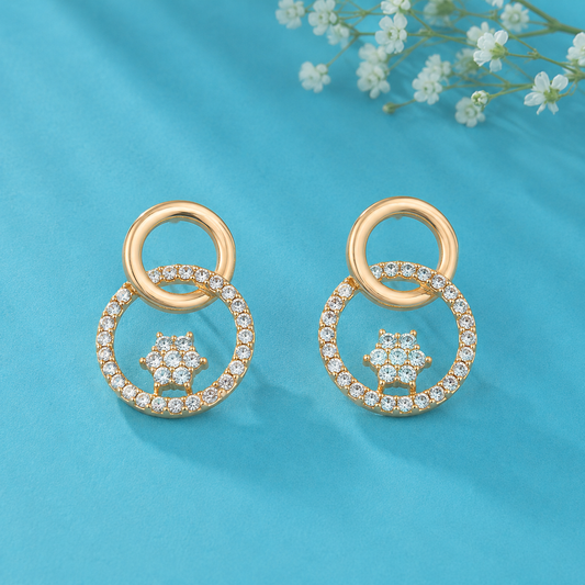 Elegant CZ Double Circle Drop Earrings for Women | Gold Tone Crystal Hoop Earrings | Party & Wedding Jewellery