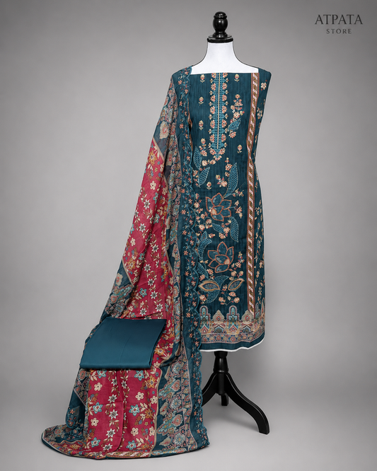 Teal Blue Floral Print Unstitched Salwar Suit with Designer Dupatta