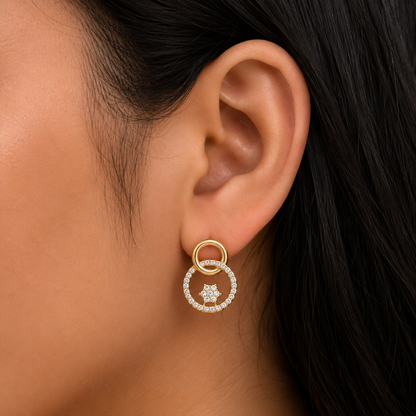 Elegant CZ Double Circle Drop Earrings for Women | Gold Tone Crystal Hoop Earrings | Party & Wedding Jewellery