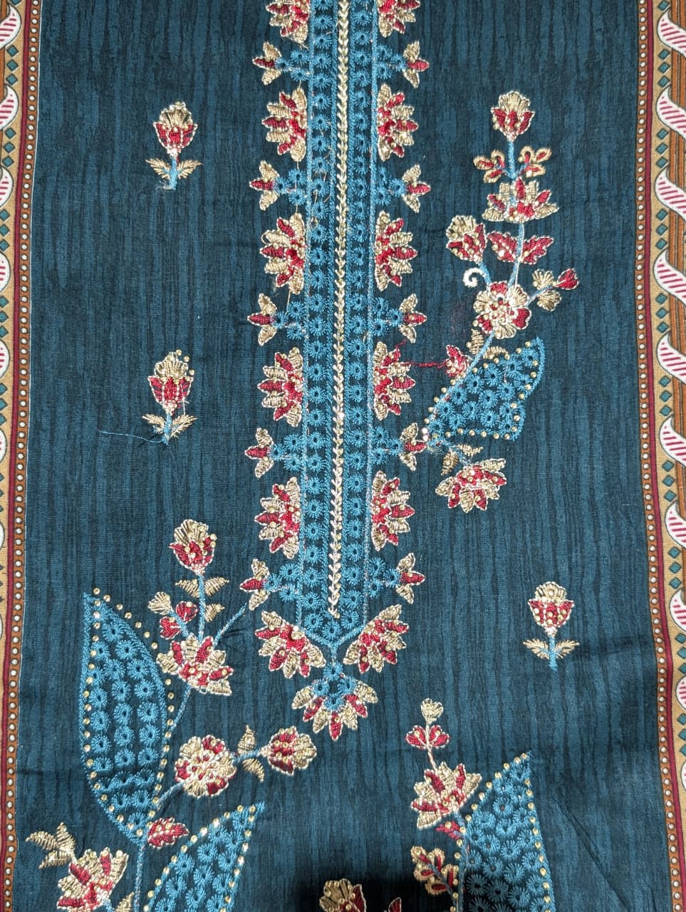 Teal Blue Floral Print Unstitched Salwar Suit with Designer Dupatta