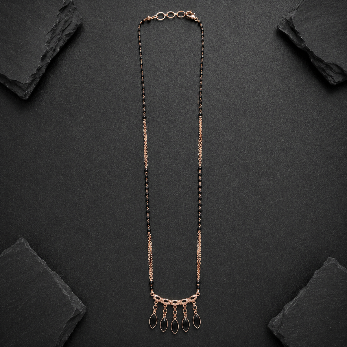 Rose Gold Black Bead Drop Pendant Necklace