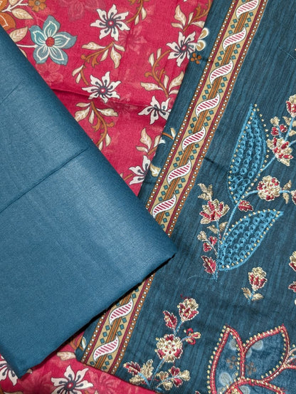 Teal Blue Floral Print Unstitched Salwar Suit with Designer Dupatta