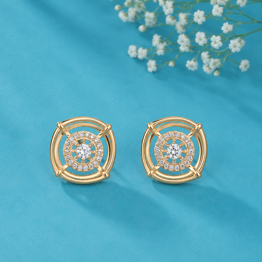 Elegant CZ Halo Stud Earrings for Women | Gold Tone Geometric Crystal Earrings | Party & Wedding Jewellery