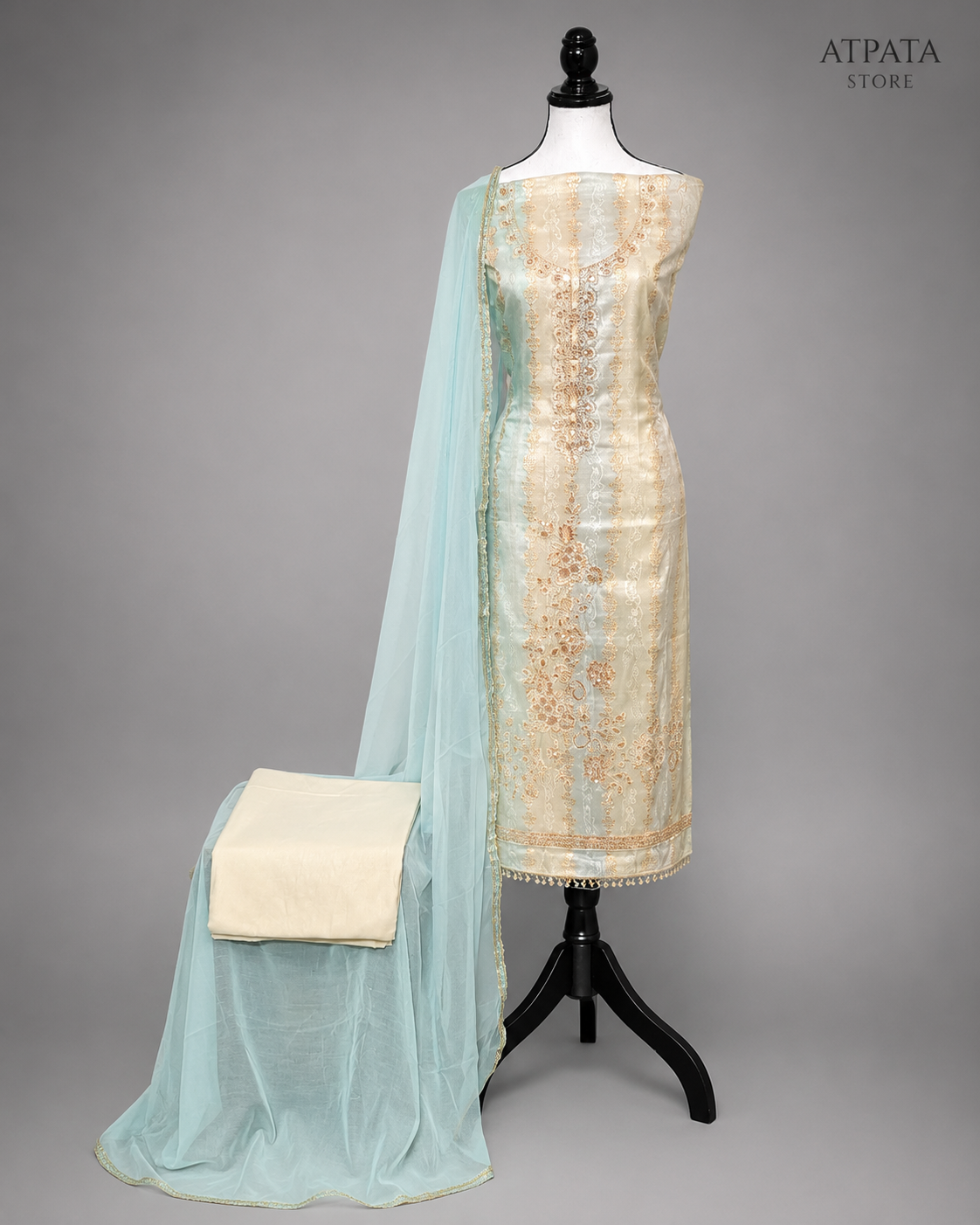 Ivory Beige Embroidered Unstitched Salwar Suit with Handwork Neckline & Designer Dupatta