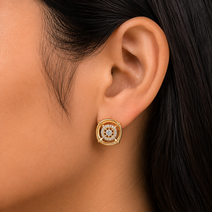 Elegant CZ Halo Stud Earrings for Women | Gold Tone Geometric Crystal Earrings | Party & Wedding Jewellery