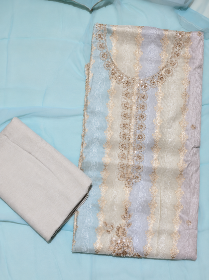 Ivory Beige Embroidered Unstitched Salwar Suit with Handwork Neckline & Designer Dupatta