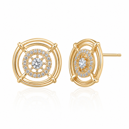 Elegant CZ Halo Stud Earrings for Women | Gold Tone Geometric Crystal Earrings | Party & Wedding Jewellery