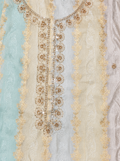 Ivory Beige Embroidered Unstitched Salwar Suit with Handwork Neckline & Designer Dupatta