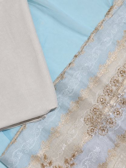 Ivory Beige Embroidered Unstitched Salwar Suit with Handwork Neckline & Designer Dupatta