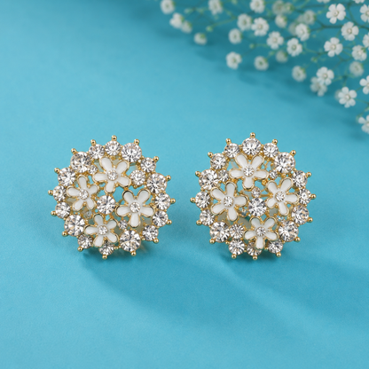 Elegant Floral Crystal Stud Earrings for Women | Gold Tone White Flower Earrings | Party & Wedding Jewellery
