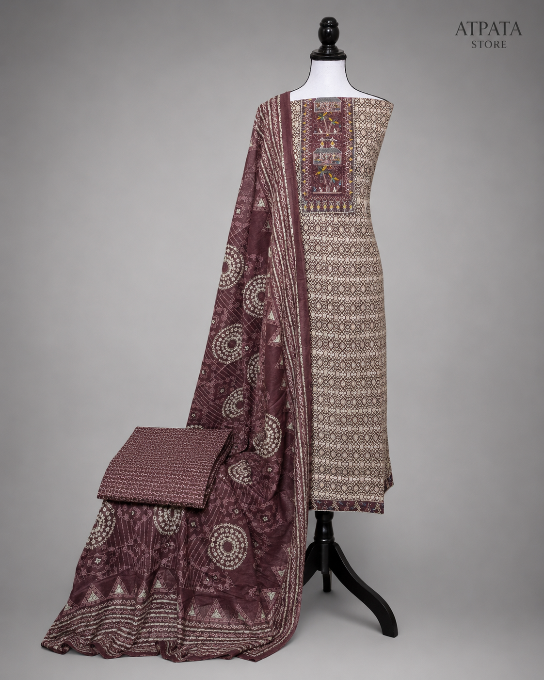 Mauve Tribal Print Unstitched Salwar Suit with Artistic Panel Dupatta
