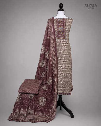 Mauve Tribal Print Unstitched Salwar Suit with Artistic Panel Dupatta