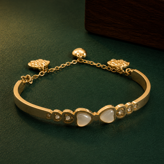 Gold Tone Pearl Accent Bracelet for Women | Designer Charm Bangle with Heart & Floral Charms