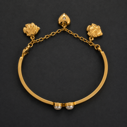 Gold Tone Pearl Accent Bracelet for Women | Designer Charm Bangle with Heart & Floral Charms
