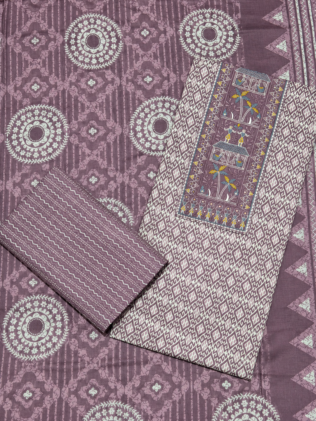 Mauve Tribal Print Unstitched Salwar Suit with Artistic Panel Dupatta