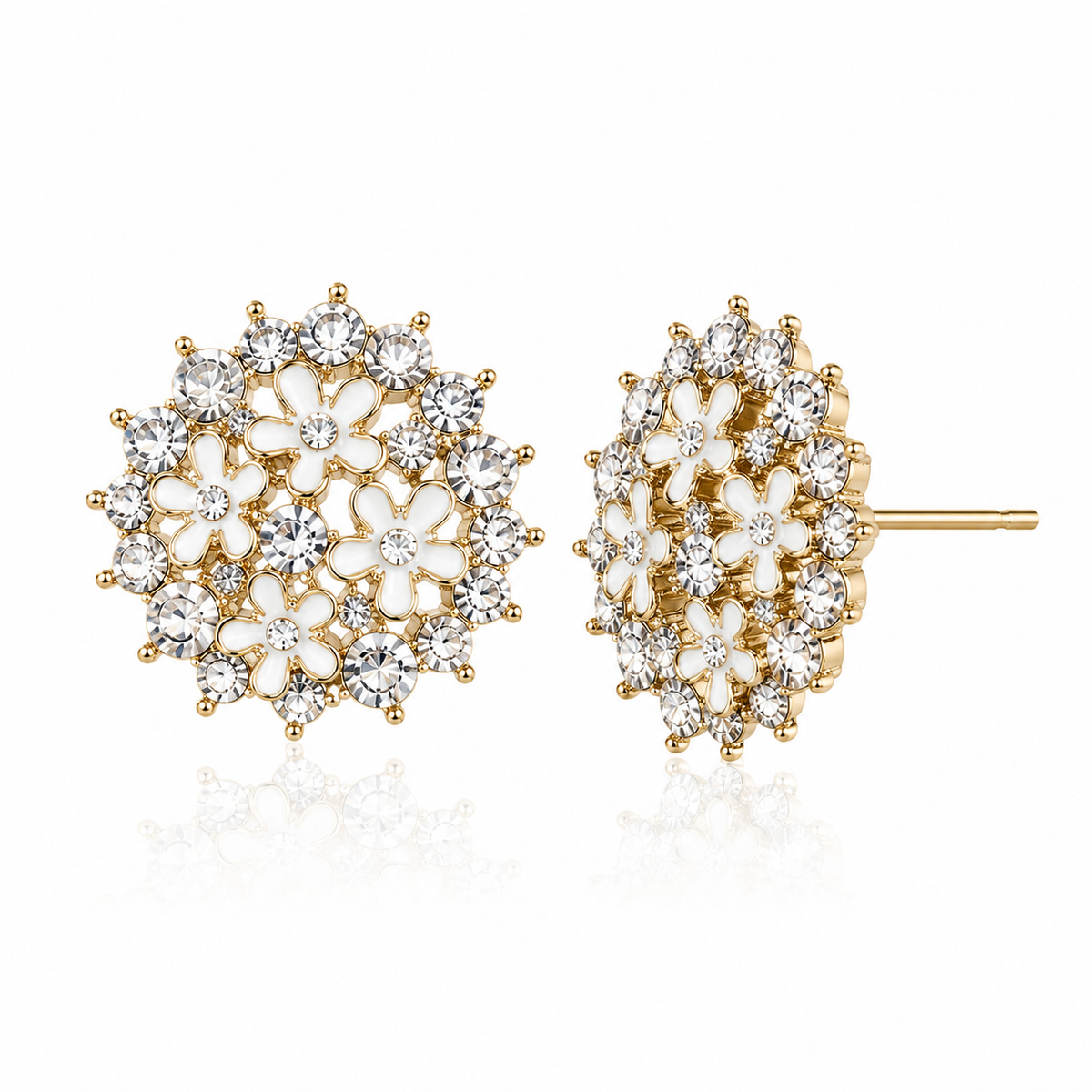 Elegant Floral Crystal Stud Earrings for Women | Gold Tone White Flower Earrings | Party & Wedding Jewellery
