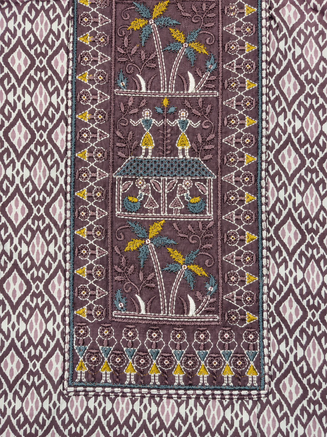 Mauve Tribal Print Unstitched Salwar Suit with Artistic Panel Dupatta
