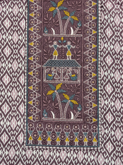 Mauve Tribal Print Unstitched Salwar Suit with Artistic Panel Dupatta