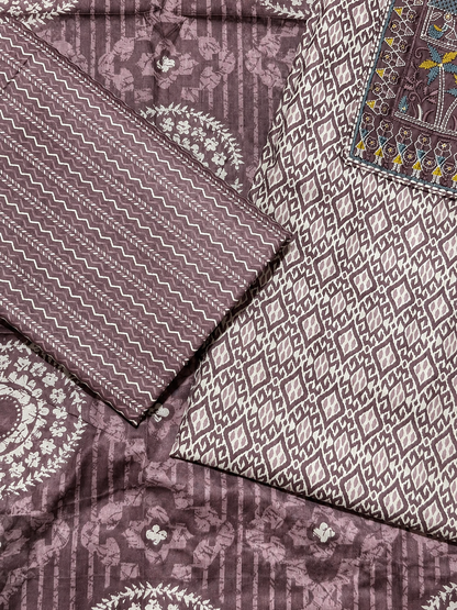 Mauve Tribal Print Unstitched Salwar Suit with Artistic Panel Dupatta