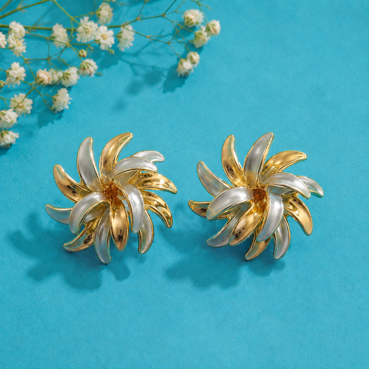 Vintage Dual Tone Floral Stud Earrings for Women | Gold & Silver Statement Earrings