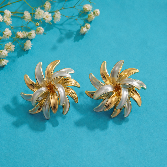 Vintage Dual Tone Floral Stud Earrings for Women | Gold & Silver Statement Earrings