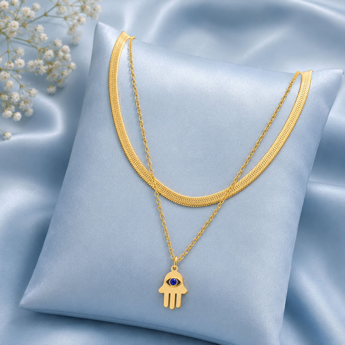 Gold-Tone Layered Hamsa Evil Eye Pendant Necklace for Women