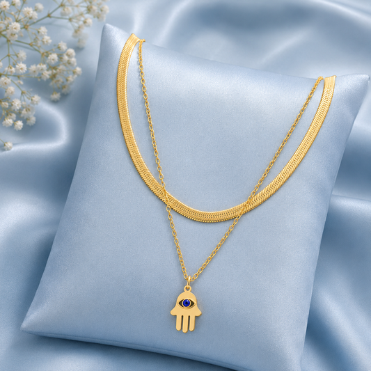 Gold-Tone Layered Hamsa Evil Eye Pendant Necklace for Women
