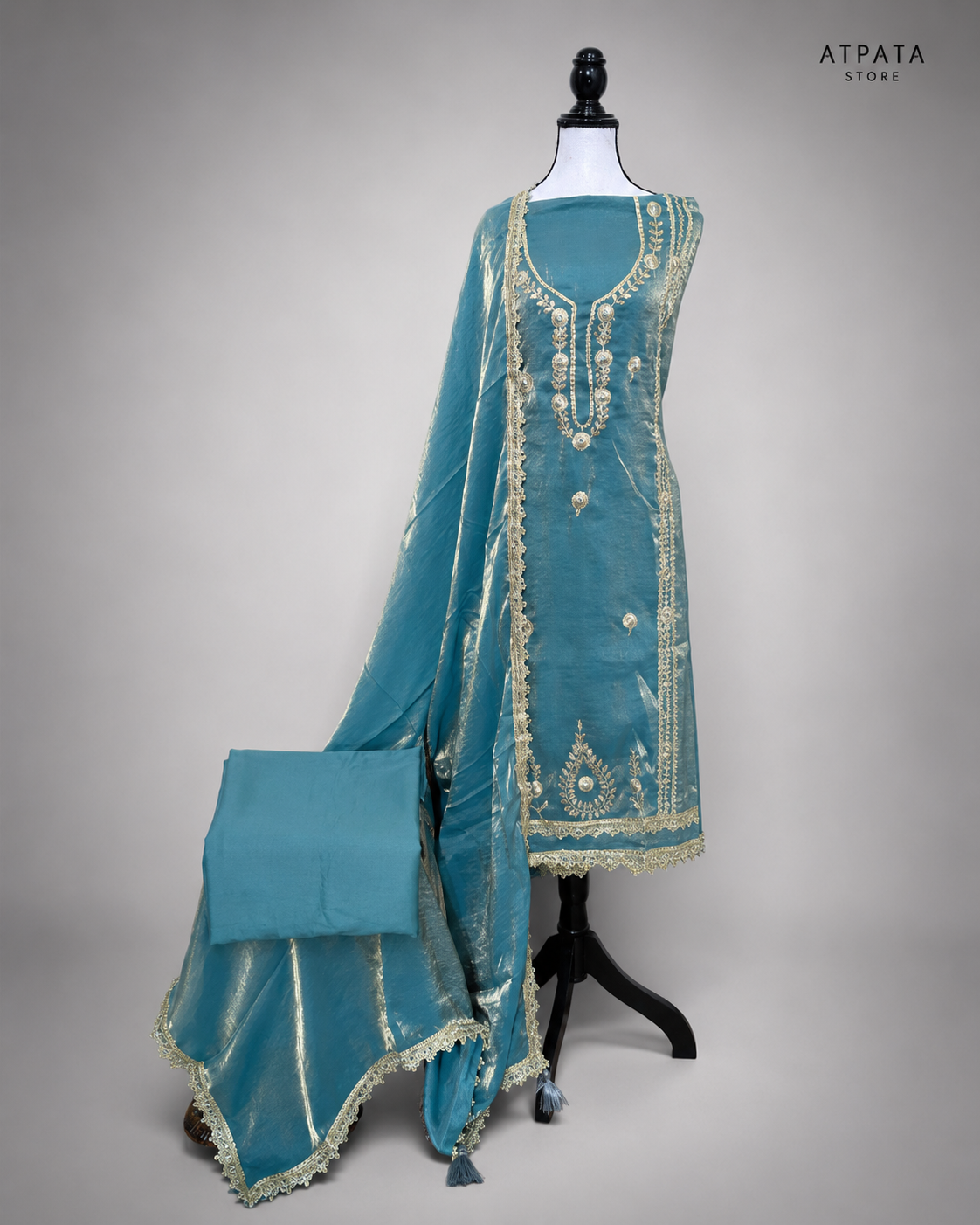 Elegant Teal Blue Embroidered Dress Material with Organza Dupatta