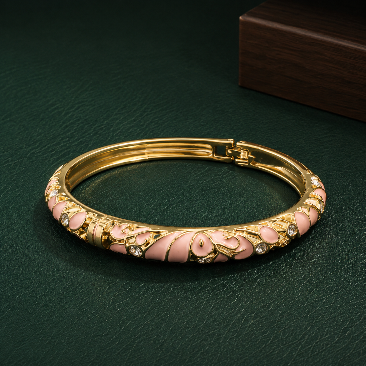 Luxury Gold-Tone Floral Enamel Bangle Bracelet with Crystal Stone Accents