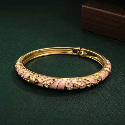 Luxury Gold-Tone Floral Enamel Bangle Bracelet with Crystal Stone Accents