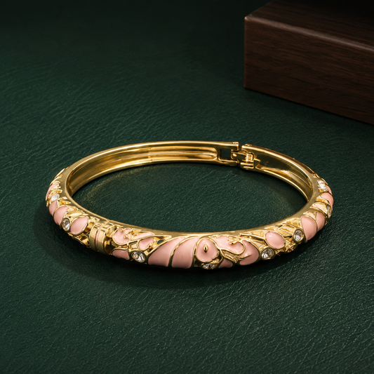 Luxury Gold-Tone Floral Enamel Bangle Bracelet with Crystal Stone Accents