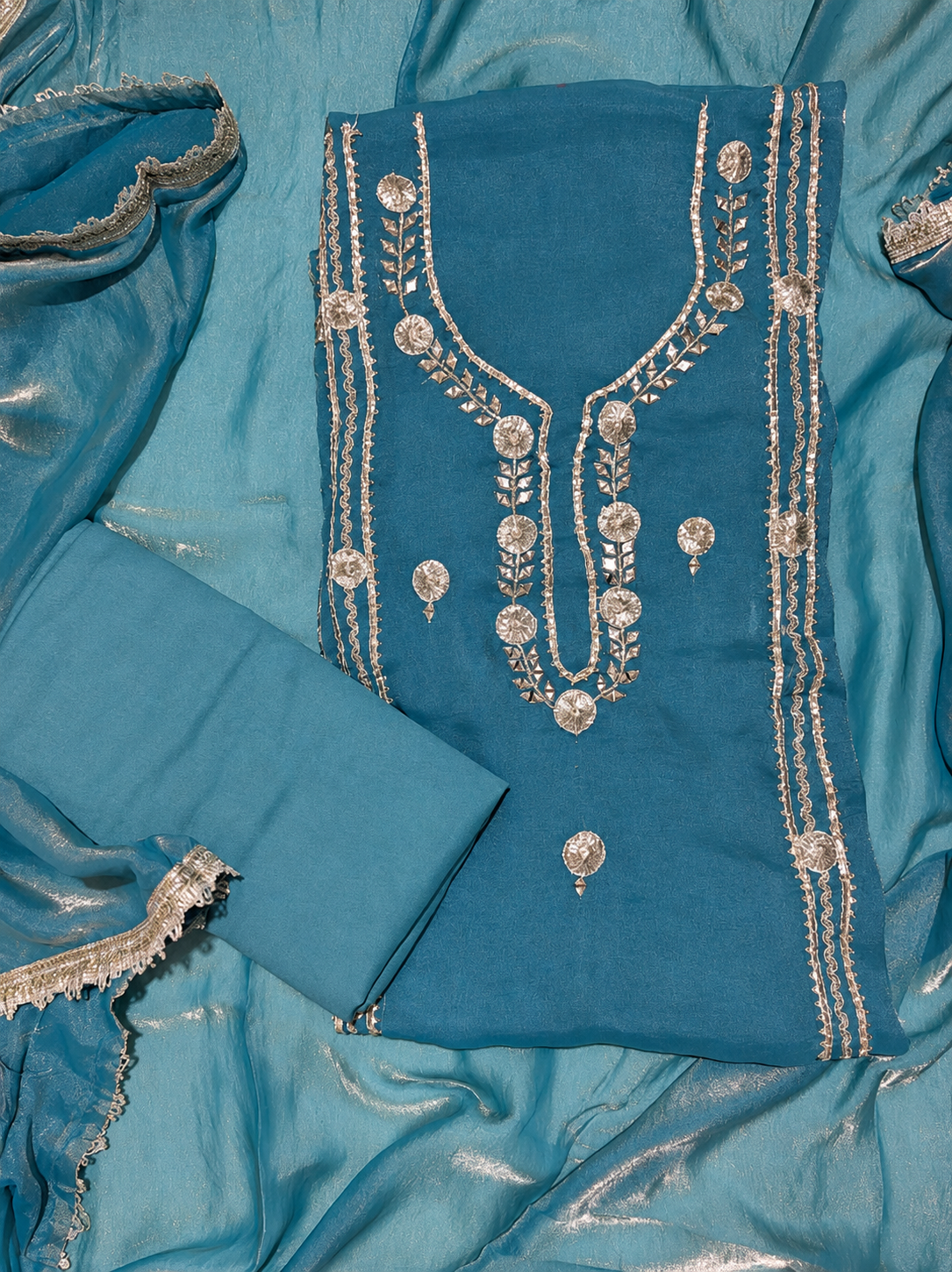 Elegant Teal Blue Embroidered Dress Material with Organza Dupatta