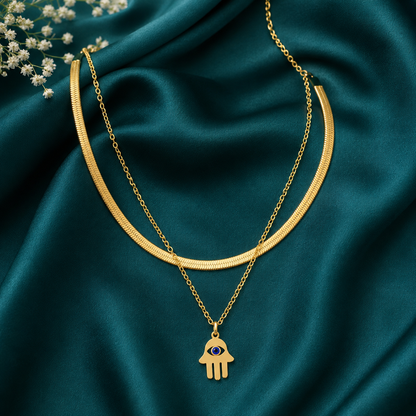 Gold-Tone Layered Hamsa Evil Eye Pendant Necklace for Women