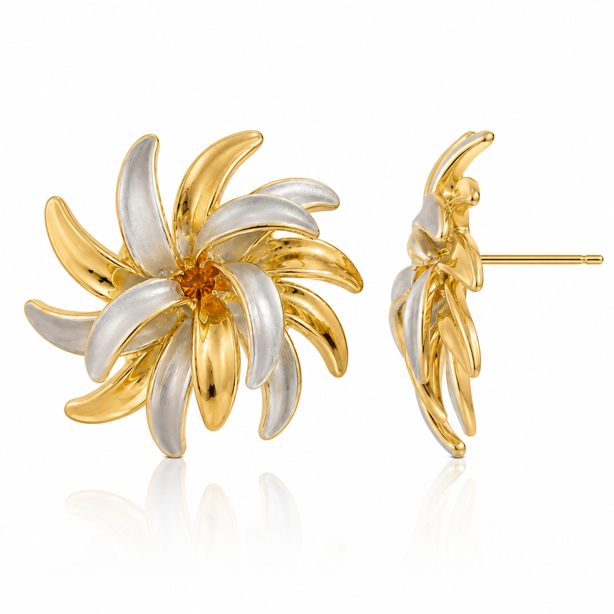 Vintage Dual Tone Floral Stud Earrings for Women | Gold & Silver Statement Earrings