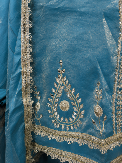 Elegant Teal Blue Embroidered Dress Material with Organza Dupatta