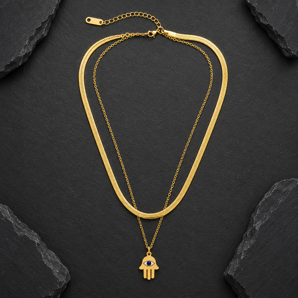 Gold-Tone Layered Hamsa Evil Eye Pendant Necklace for Women