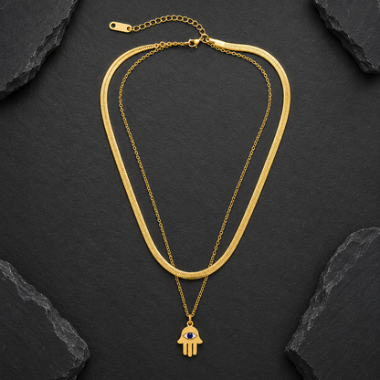 Gold-Tone Layered Hamsa Evil Eye Pendant Necklace for Women