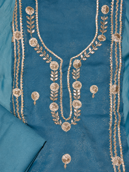 Elegant Teal Blue Embroidered Dress Material with Organza Dupatta
