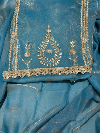 Elegant Teal Blue Embroidered Dress Material with Organza Dupatta