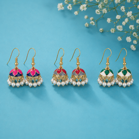 Combo of 3 Multicolor Pearl Jhumka Earrings for Women | Traditional Ethnic Drop Earrings Set | Festive & Party Wear Jewellery