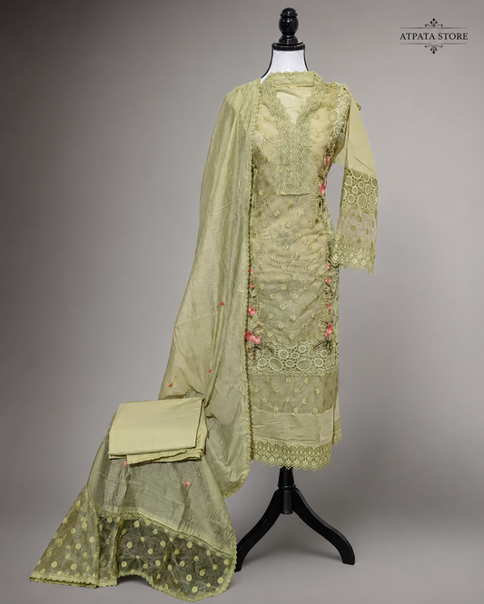 Sage Green Embroidered Organza Unstitched Suit with Floral Lace Detailing & Dupatta
