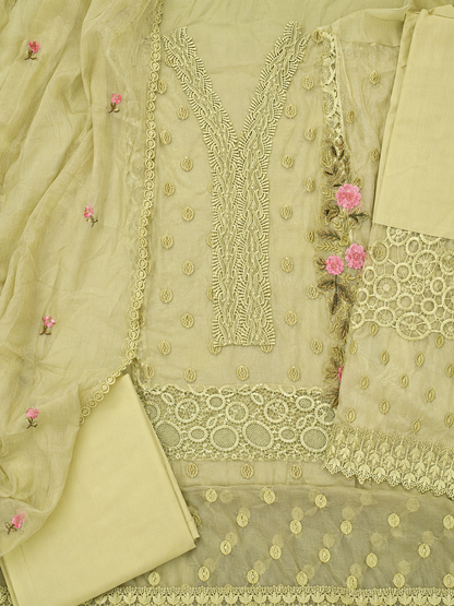 Sage Green Embroidered Organza Unstitched Suit with Floral Lace Detailing & Dupatta