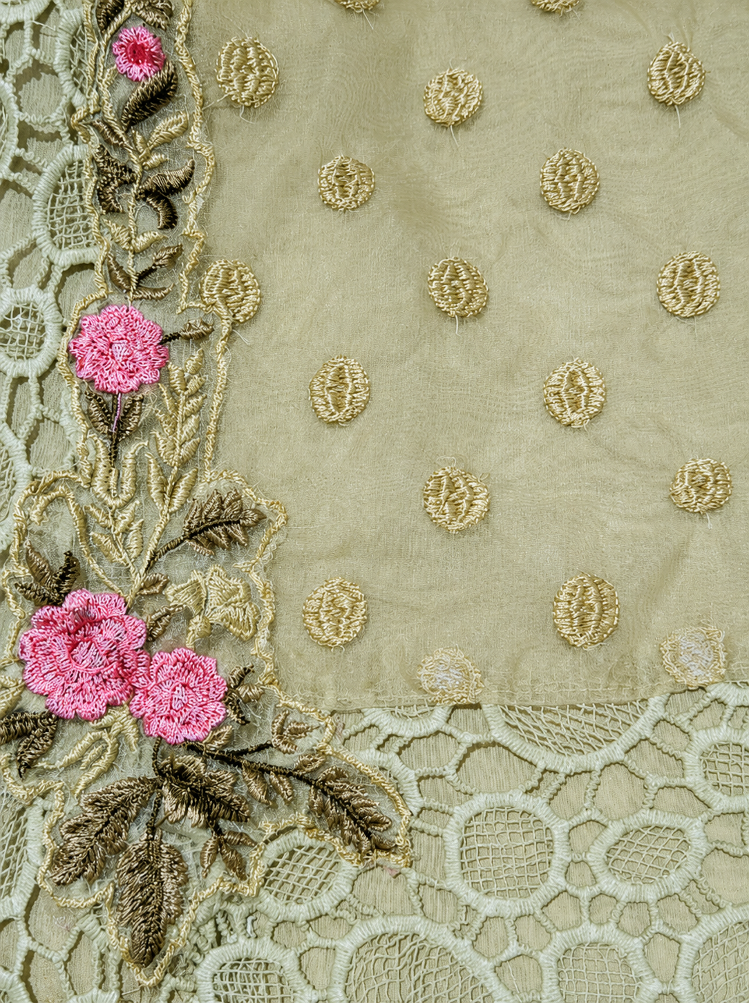 Sage Green Embroidered Organza Unstitched Suit with Floral Lace Detailing & Dupatta