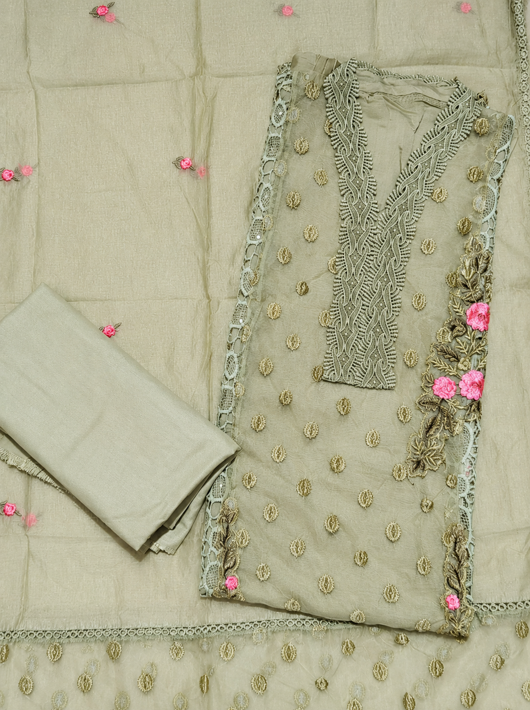 Sage Green Embroidered Organza Unstitched Suit with Floral Lace Detailing & Dupatta